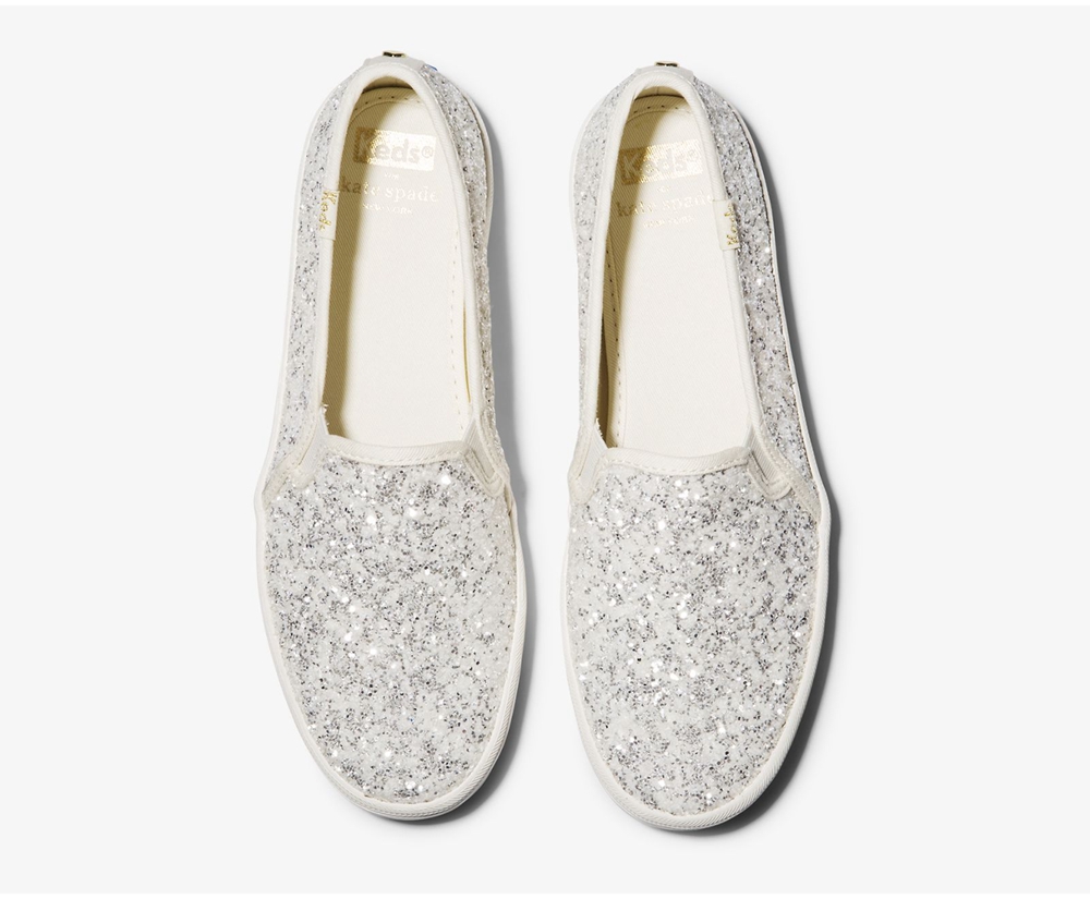 Slip Ons Keds Mujer Blancos - Kate Spade New York Double Decker Glitter - 0463-UHKNZ